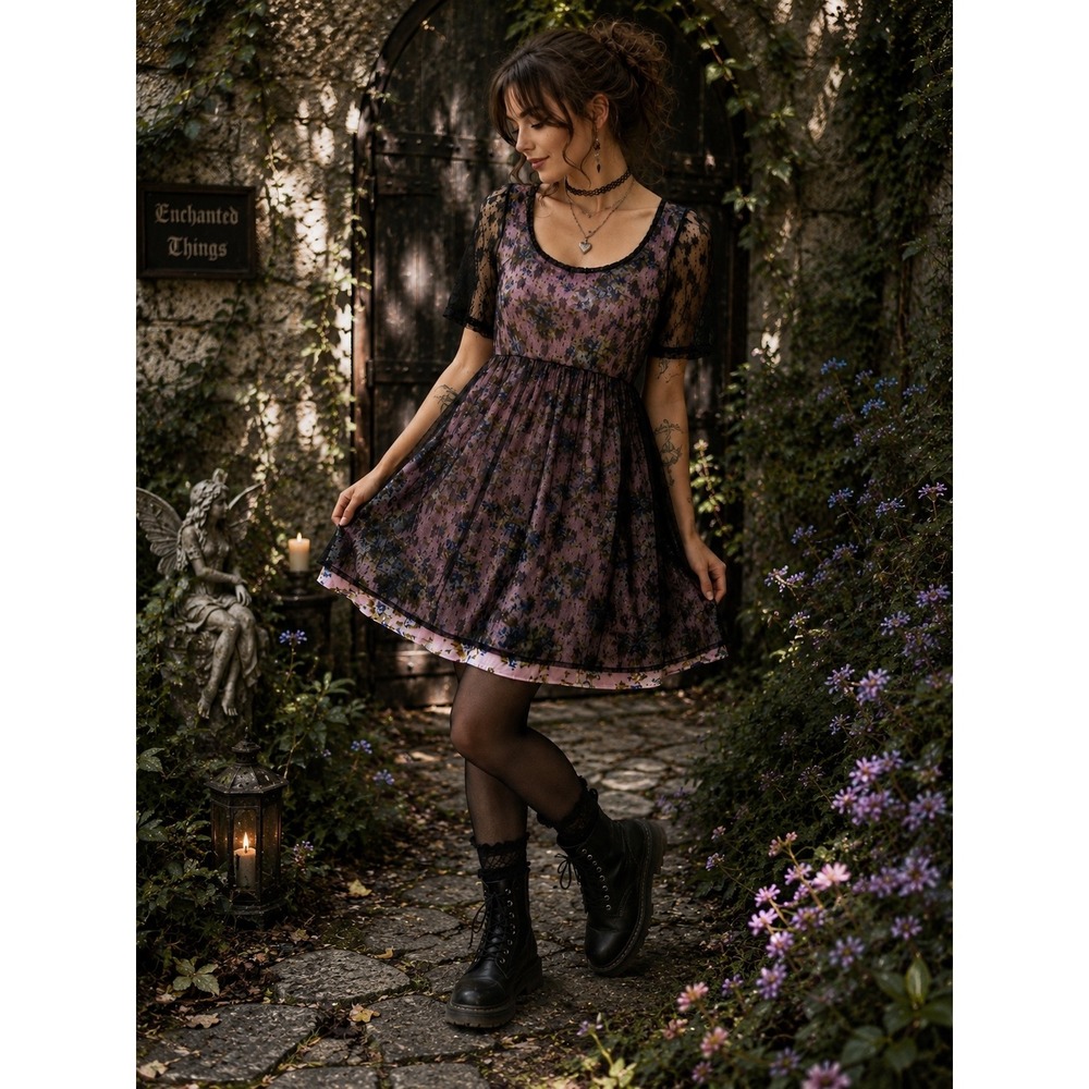 Cotton Candy Women's L Floral Mesh Lace Dress Pink Blue Fairy Grunge Y2K